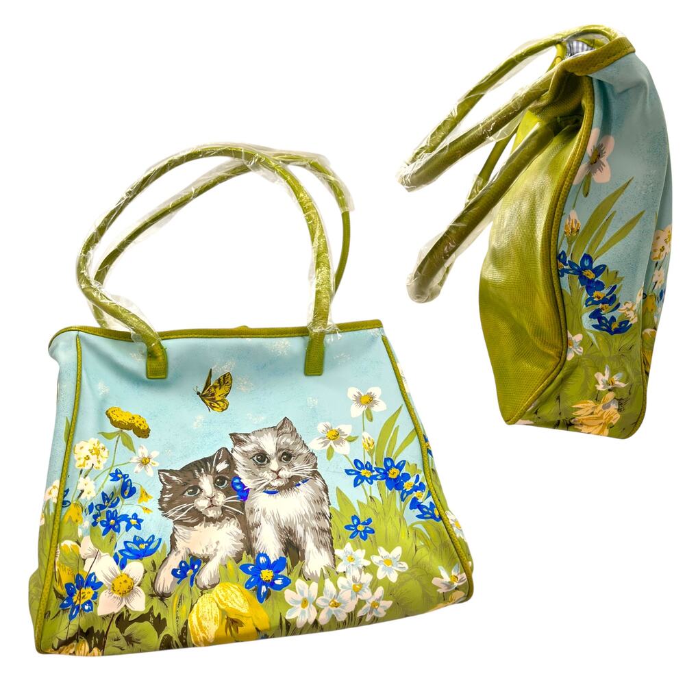 RARE Vintage 70s Womens Handbag Cats Spring Green Floral New Flawed Read Below